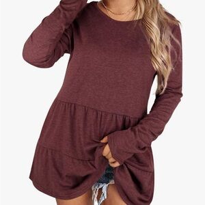 Women's Burgundy Long Sleeve Peplum Top